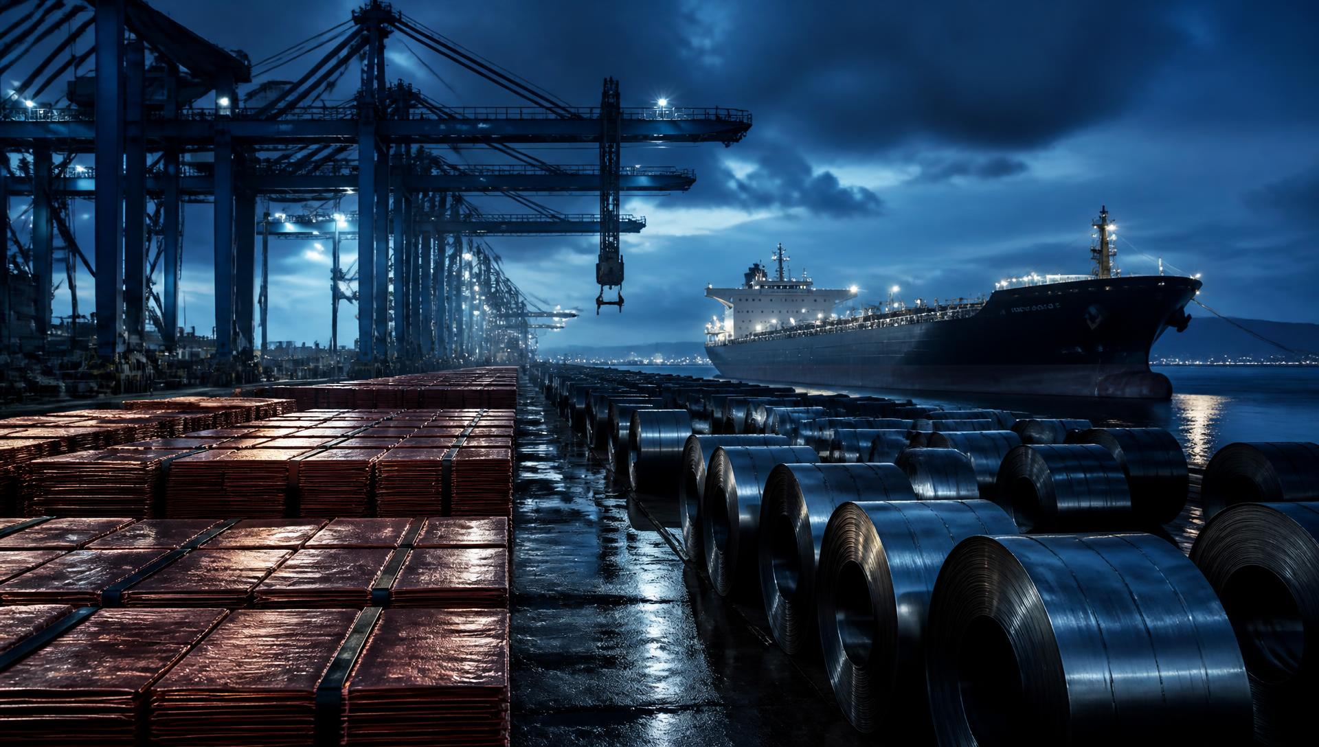 Copper cathodes and steel coils stacked on a commodity port quay at dusk
